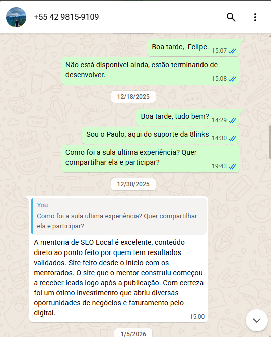 Print de WhatsApp de um aluno: o site começou a receber leads logo após a publicação