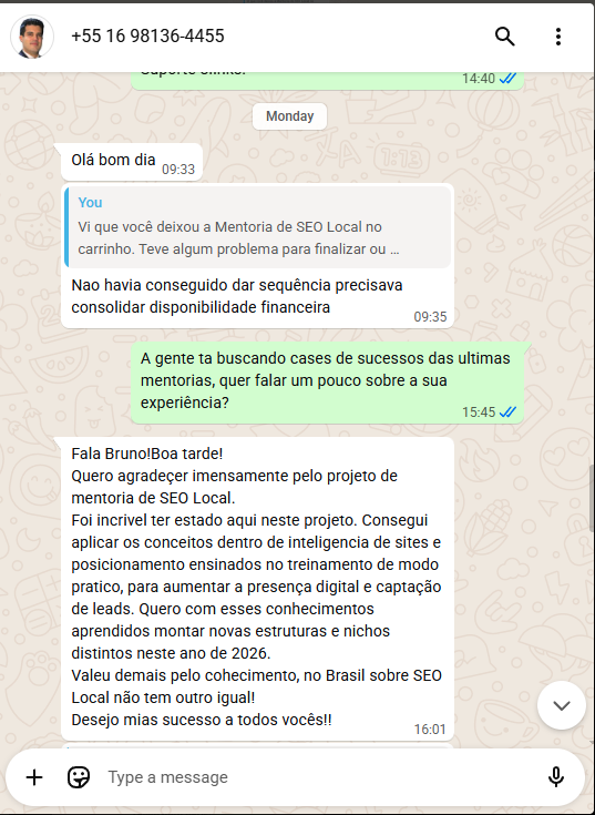 Print de WhatsApp de um aluno que melhorou o posicionamento de 4 sites locais