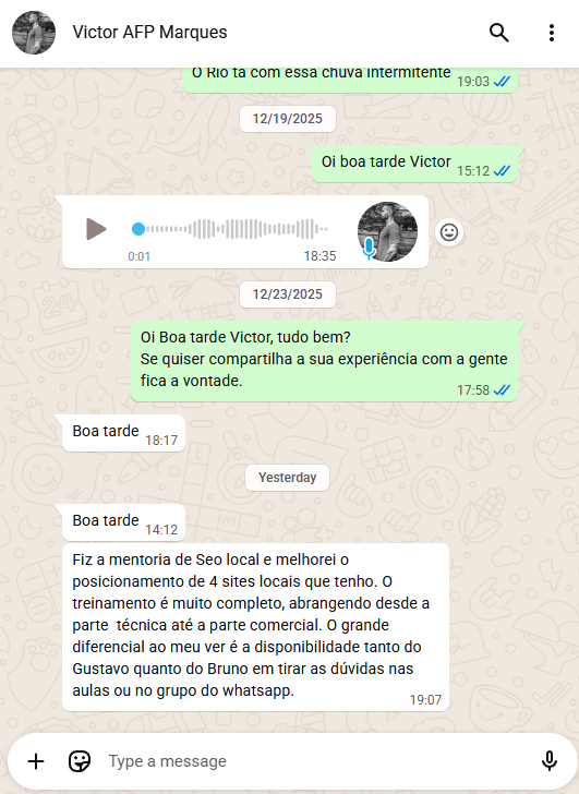 Print de WhatsApp de um aluno: no Brasil, sobre SEO Local, não tem outro igual