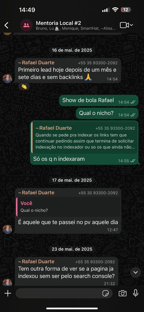 Print de WhatsApp de um aluno: primeiro lead em pouco mais de um mês, sem backlinks