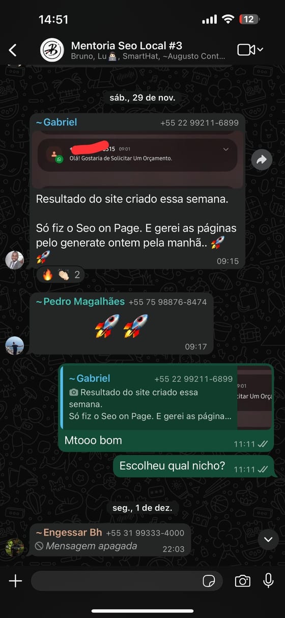 Print de WhatsApp de um aluno mostrando o resultado do site criado na mesma semana