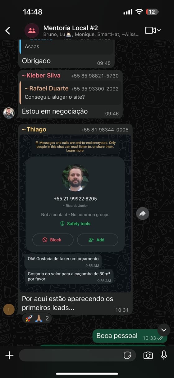 Print de WhatsApp do grupo: os primeiros leads chegando para os alunos