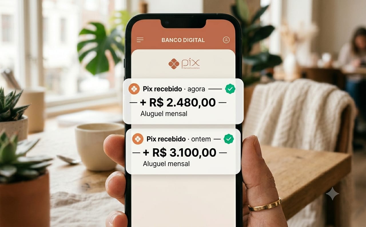 Pessoa em um café olhando o celular com notificações de Pix recebido dos aluguéis mensais dos sites
